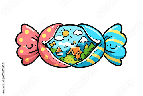 Nostalgic Candy Reveal. Doodle-style vector icon of a memory-filled candy, colorful candy wrapper just beginning to open, smiling