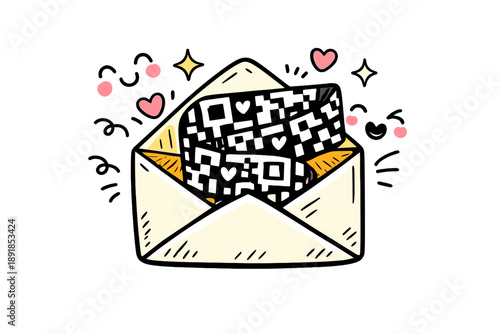 Secret Love Code. Doodle-style vector icon of a secret love code, envelope opening to reveal a QR-like patterned ribbon, happy