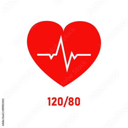 A red heart shape shows a white heartbeat line inside it. Below the heart, the blood pressure reading of 120 over 80 is shown. This reflects health metrics. Vector
