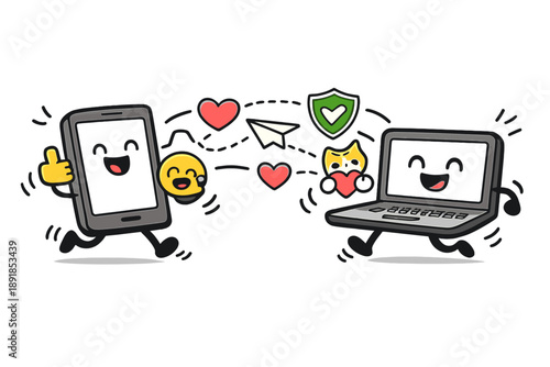 Happy Data Sharing. Doodle-style vector icon of trust-based data sharing, two gadgets happily roaming and sending supportive icons