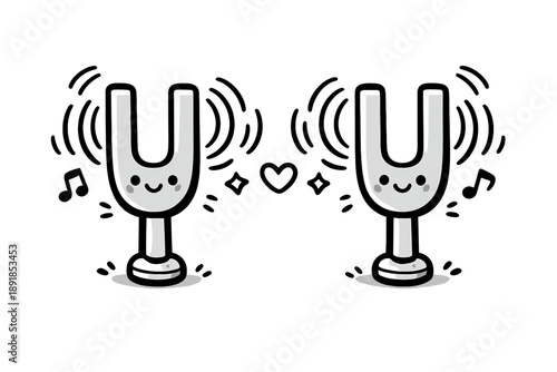 Smiling Tuning Forks. Doodle-style vector icon of mood resonance, two tuning forks standing apart beginning to vibrate in sync,