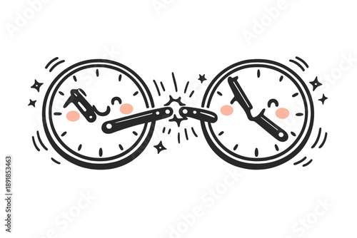 Friendly Clock Sync. Doodle-style vector icon of a synchronization point, two friendly clocks showing different times as their