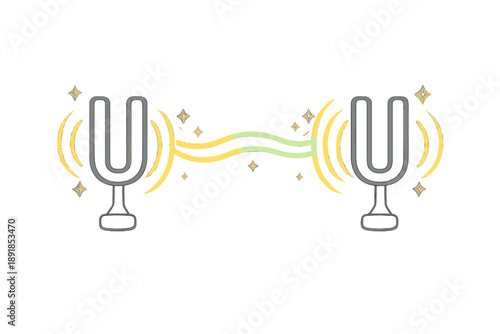Tuning Fork Harmony. Doodle-style vector icon of resonance balance, tuning forks perfectly synchronized despite distance, gentle