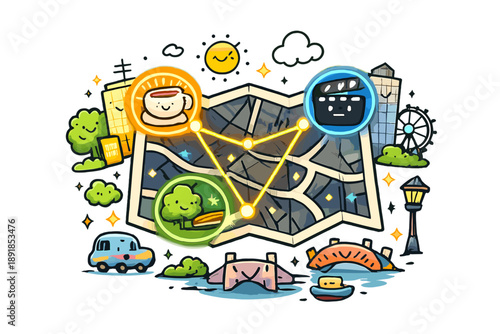 Smiling City Constellation. Doodle-style vector icon of shared places map, stylized city background with cafe, park, and cinema