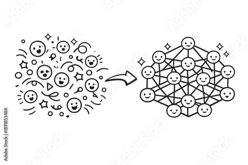 Chaos to Order. Doodle-style vector icon of chaos transforming into structure, floating noisy data dots gradually aligning into a