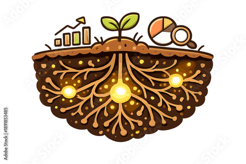 Neural Pathway Growth. Doodle-style vector icon of analytical growth underground, root-like neural pathways expanding and