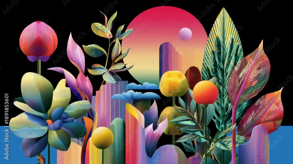 Obraz premium Vibrant abstract landscape with colorful geometric plants and sunset.