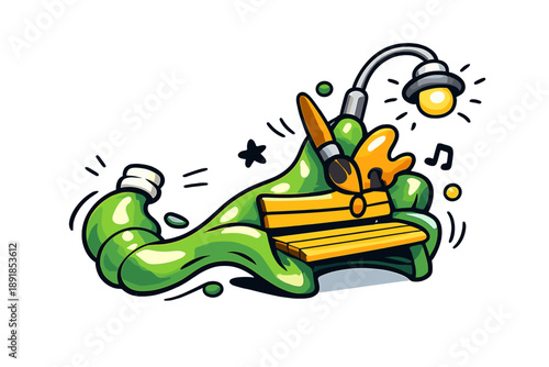 Waste Becoming Art. Doodle-style vector icon of waste turned into art, bottle morphing fluidly into street furniture, joyful