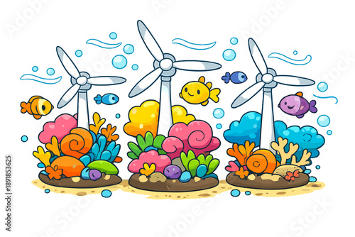 Coral Reef Wind Turbines. A whimsical doodle-style vector illustration of a coral reef growing on wind turbine bases, bright