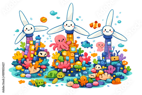 Techno Coral Reef. whimsical doodle-style vector illustration of technology as a coral reef: offshore wind turbines with smiling