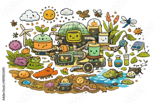 Invasive Species Transformation. A lighthearted doodle-style vector artwork of ecological adaptation, invasive species no longer