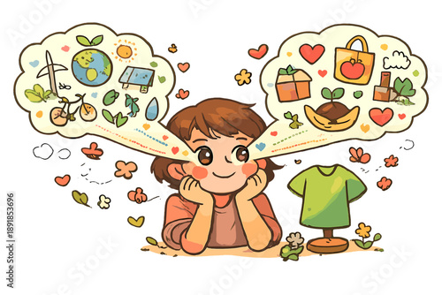 Conscious Choice Art. A lighthearted doodle-style vector artwork of conscious choice, a person gazing at an item while their eyes