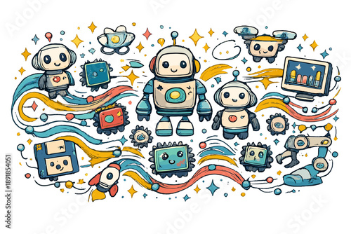 Whimsical AI Wonderland. Whimsical doodle AI world where robots, algorithms, and circuits are smiling, flowing data lines, stars