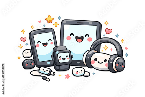 Playful Gadget Harmony. Cute doodle-style modern gadgets scene with smiling smartphones, tablets, smartwatches and headphones,