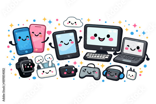 Cheerful Gadget Doodles. Playful doodle electronics illustration with happy gadgets interacting, friendly phones, tablets and