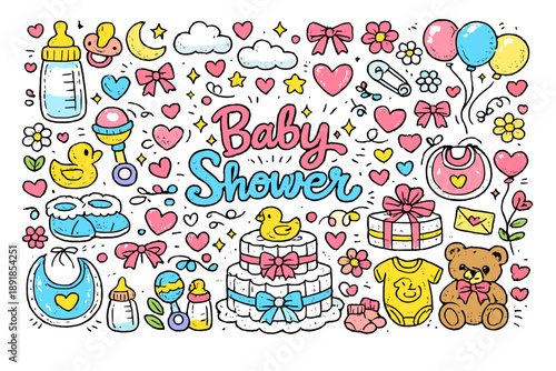 Baby Shower Essentials. Cute baby shower essentials with baby bottle, pacifier, rattle, onesie, diaper cake, teddy bear plus