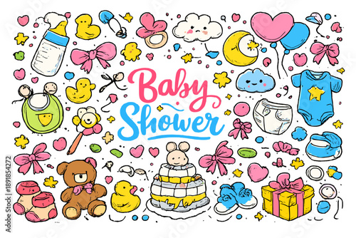 Baby Shower Goodies. Lovely baby shower surprise goodies including baby bottle, pacifier, rattle, onesie, diaper cake, teddy bear