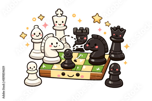 Playful Chess Battle. Cute doodle-style strategy scene with smiling chess pieces, friendly rounded shapes, happy boards, pawns and