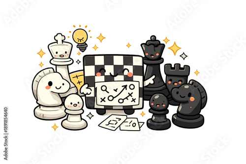 Playful Chess Battle. Cute doodle-style strategy scene with smiling chess pieces, friendly rounded shapes, happy boards, pawns and
