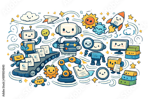 Robotic Doodle Wonderland. Whimsical doodle RPA world where robots, gears, and documents are smiling, flowing motion lines showing