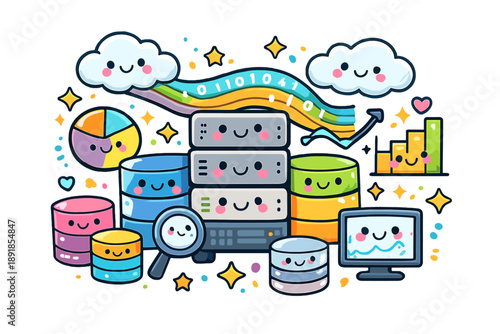 Playful Data World. Cute doodle-style Big Data scene with smiling servers, friendly rounded shapes, happy data streams, charts,