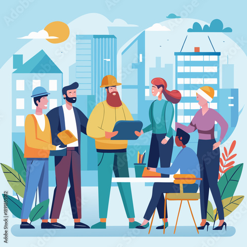 Diverse team collaborating in modern urban workspace setting