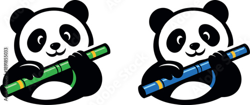 Panda Holding Flute Icon. Two-Color vector icons of panda holding bamboo flute: rounded panda head, soft ear arcs, bamboo flute