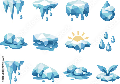 Icicle Icon Set. Low-poly polygonal vector icon set focused on icicles drip, melting winter ice, thawing water, and seasonal