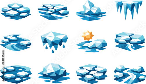 Low-Poly Ice Thaw Icons. Flowing ice and river thaw visualized as a low-poly vector icon set with sharp polygon edges, faceted