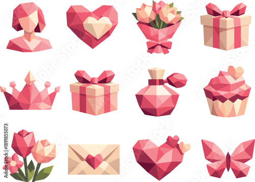Mother's Day Icons. Low-poly polygonal vector icon set focused on Mother’s Day, celebration of moms, feminine gifts, and floral