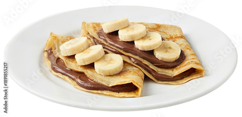 Two crepes with chocolate paste and banana slices on white plate, isolated on white 