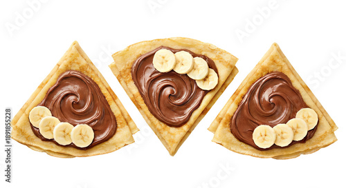 Three crepes with chocolate paste and banana slices, top view, isolated on white 