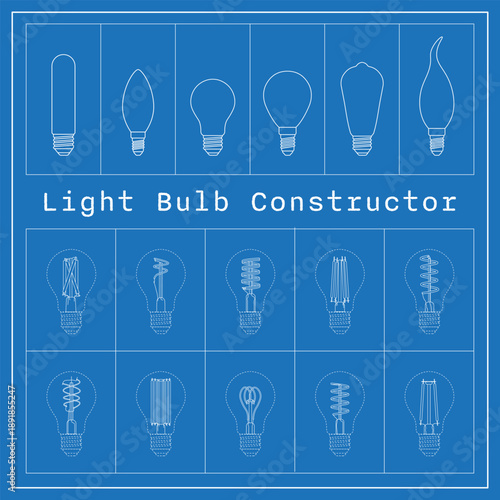 Blueprint-style infographic titled “Light Bulb Constructor,” showing modular bulb shapes and filament designs arranged in a clean technical grid.
