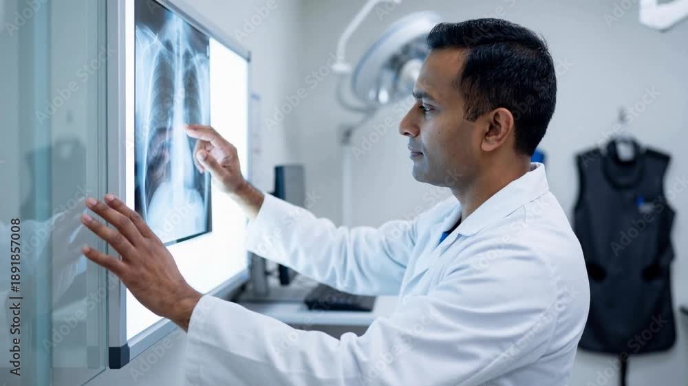 custom made wallpaper toronto digitalRadiologist doctor examining patient chest x-ray with abnormal opacity in lungs area at medical clinic, the doctor runs his fingers over the suspicious area - Subtle dolly in camera