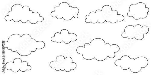 Hand-drawn doodle set of clouds on a white background.