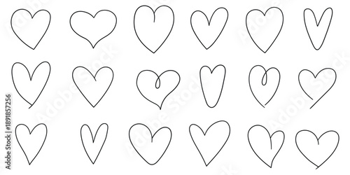 Hand-drawn doodle set of hearts on a white background.