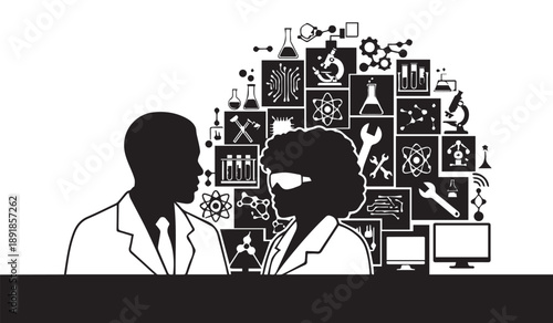 A black and white illustration depicts two silhouettes of scientists with a complex background of scientific imagery high quality professional detailed