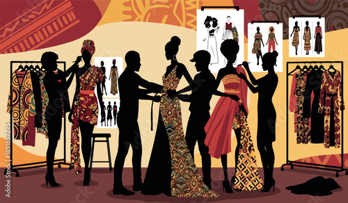 A vibrant illustration depicts a fashion studio scene with silhouetted figures working on designs and showcasing clothing racks high quality professional