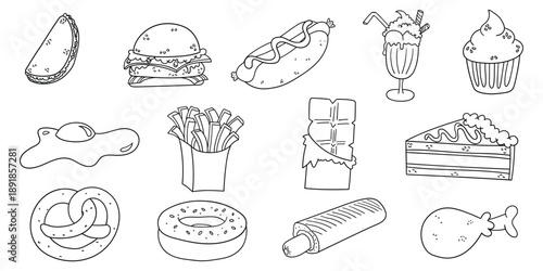 Hand-drawn doodle set of junk and unhealthy food on a white background.