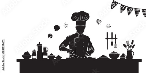 A striking black silhouette depicts a chef preparing food at a counter adorned with culinary tools and decorations high quality professional