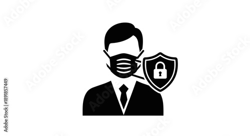 Man wearing face mask with security shield protection icon.