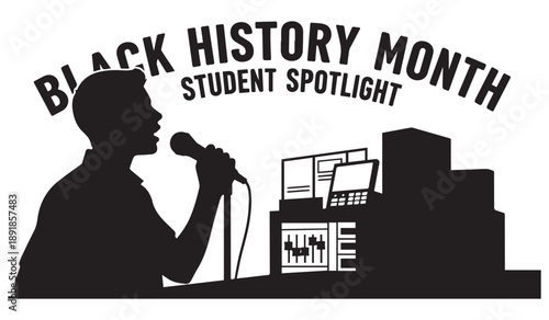 A black and white illustration promotes black history month with a student speaking into a microphone and city skyline high quality