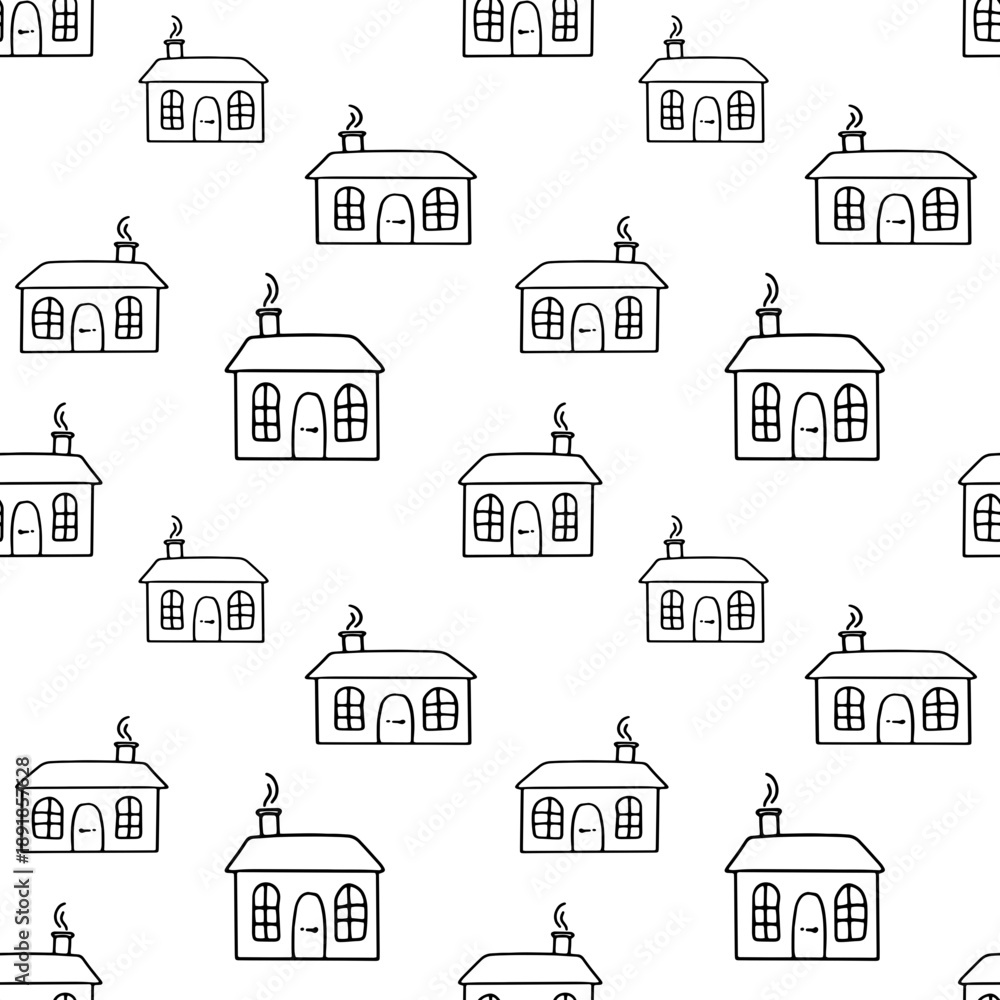 Fototapeta premium Seamless pattern with cozy mountain cabins and winter resorts