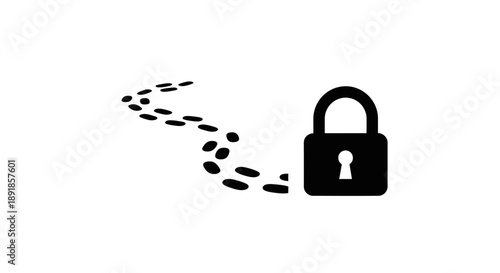 Simple black padlock with footprint trail leading to it on white background.