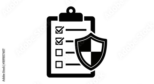 Clipboard with checklist and shield symbolizing security and verification.