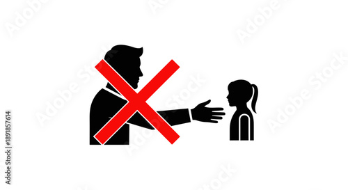 Silhouette of man and girl with red cross symbolizing prohibition or warning.