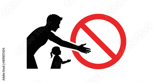 Silhouette of man and child with prohibition sign.