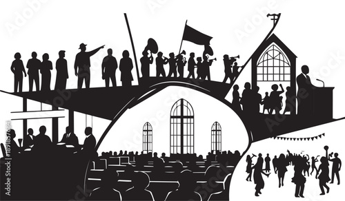 A striking black and white illustration depicts a town scene with people gathered on a bridge and in buildings suggesting a public event