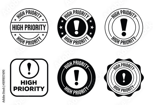 Six black and white high priority stamps and seals with exclamation marks and text