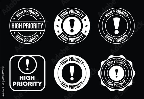 Collection of high priority stamps and badges with exclamation marks on black background